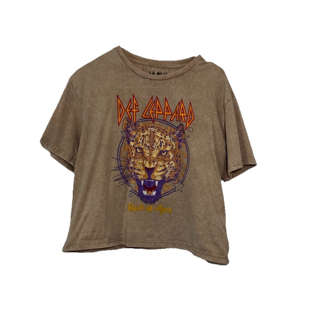 Def Leppard Crop T-Shirt Large Rock of Ages Graphic Tee Acid Wash Tan Brown L